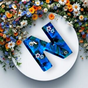 Floral Handmade Artisan Resin Letter N Keychain – Midnight Blue with Butterflies
