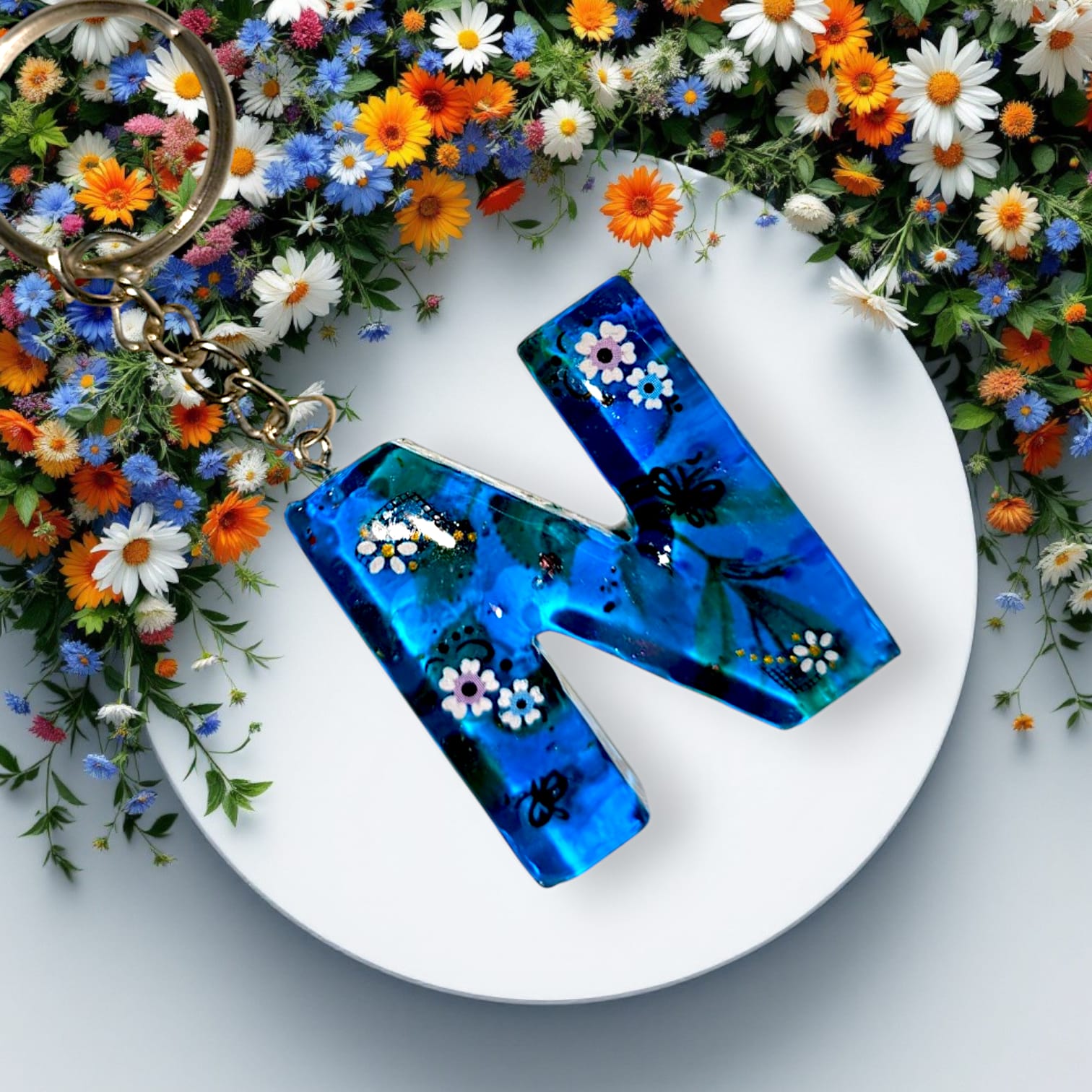 Floral Handmade Artisan Resin Letter N Keychain – Midnight Blue with Butterflies
