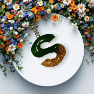 Forest Gold Handmade Artisan Resin Letter S Keychain – Dual Tone Emerald & Amber