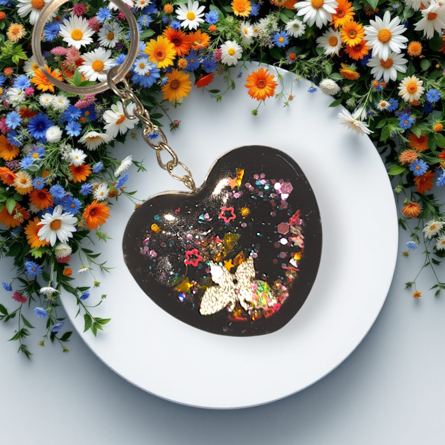 Galaxy Shard Handmade Artisan Resin Letter R Keychain – Holographic Cosmic Flakes in Black