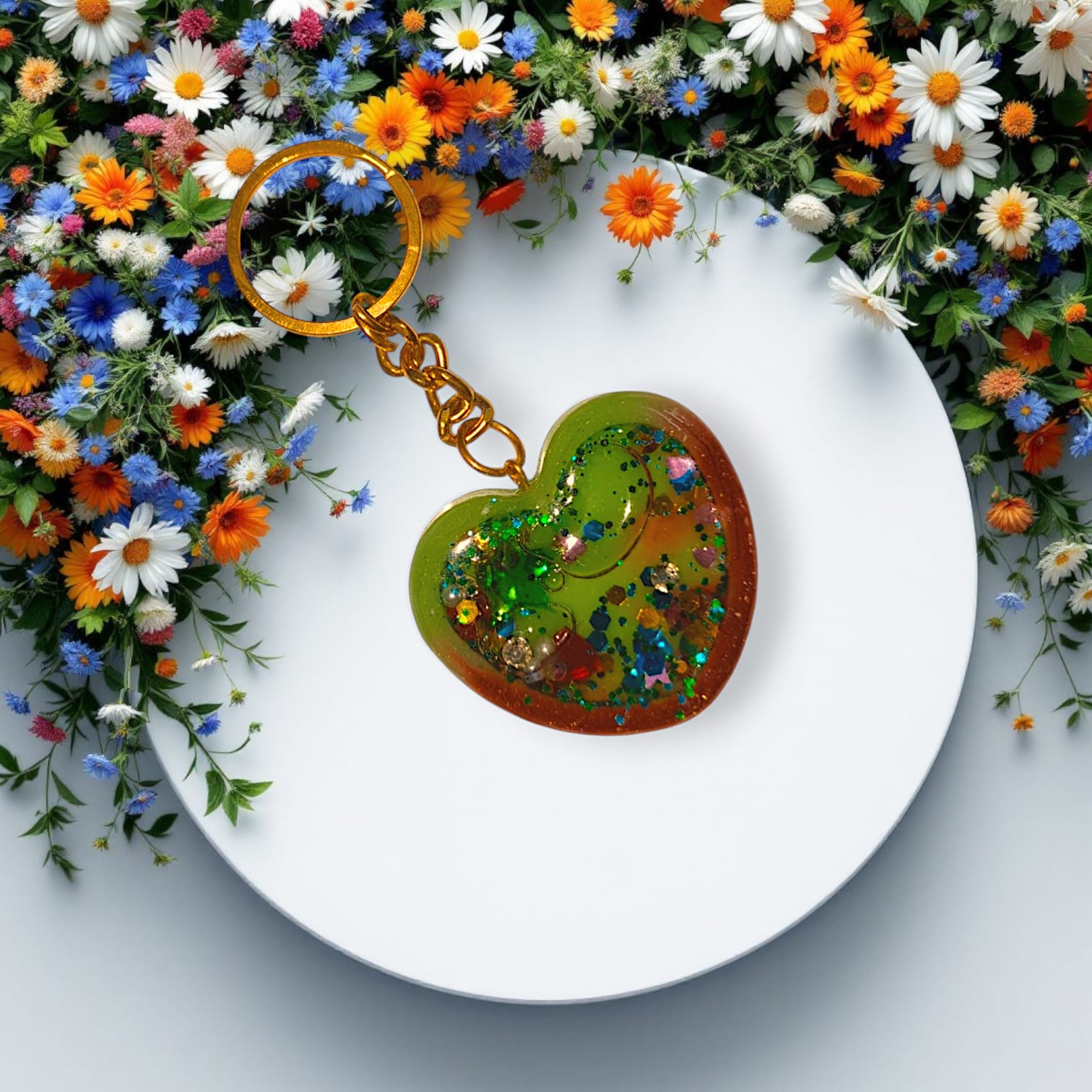 Green & Orange Glitter Heart Handmade Resin Artisan Shaker Keychain