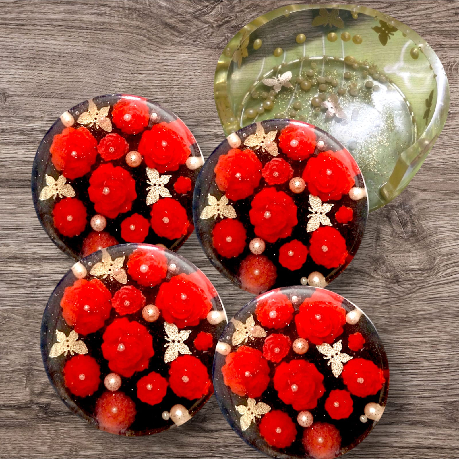 resin rose tea coaster set