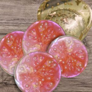 Pink & Pearl Resin Coaster Set with Matching Holder – Handmade Luxury Home Décor (3 Inches)