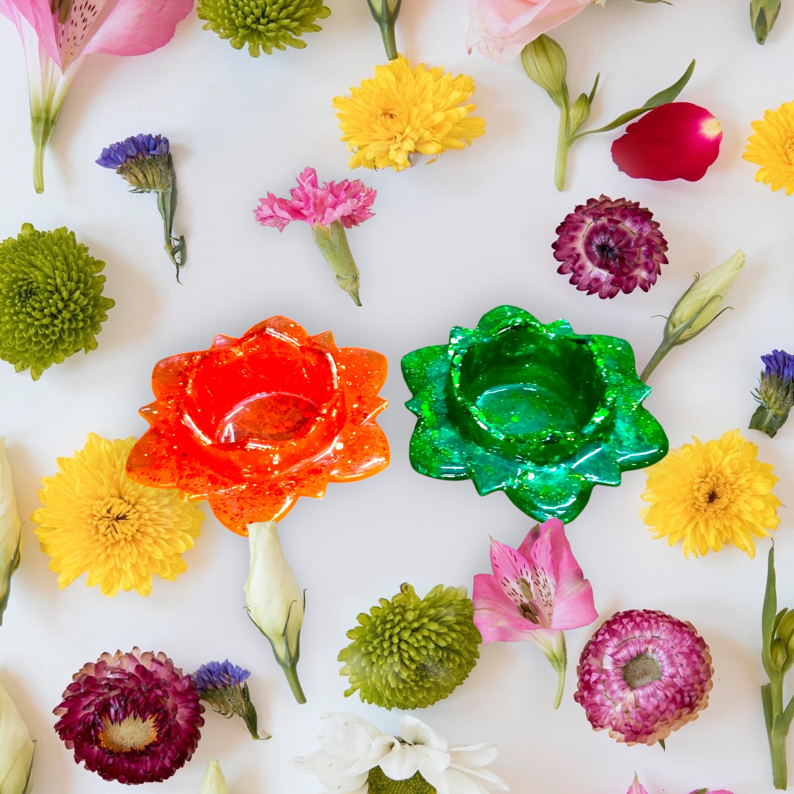 Handcrafted Lotus Resin Candle Holder Combo – Green & Orange Set - Image 2