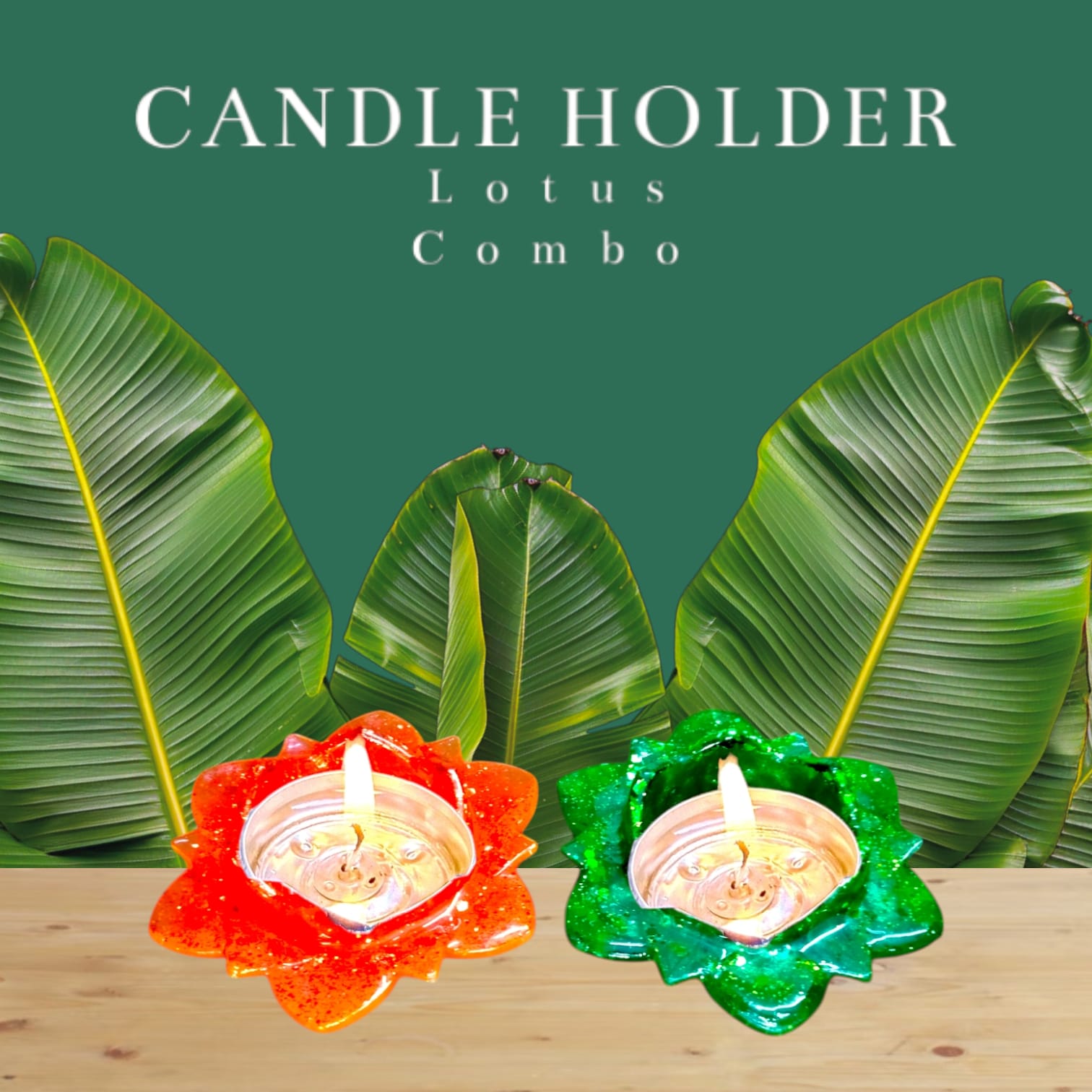 Handcrafted Lotus Resin Candle Holder Combo – Green & Orange Set